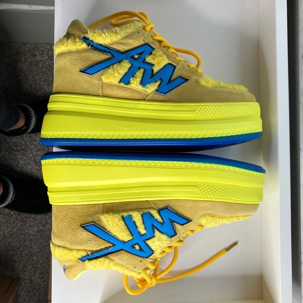 AW Quince 01 Yellow‎ Suede Fur Platform Wedge Sneakers Women's Size 8